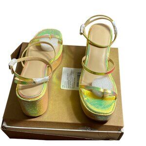 UO Nora Strappy Yellow Iridescent Wedge Sandals Size 10